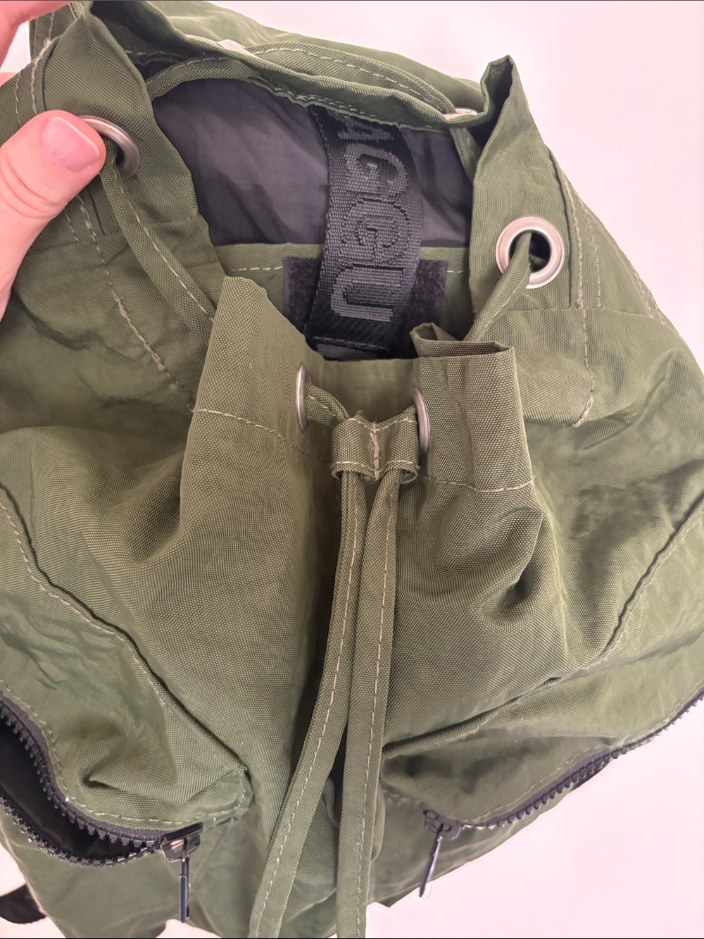 BAGGU Olive Green Nylon Drawstring Backpack with Black Straps - Picture 5 of 8